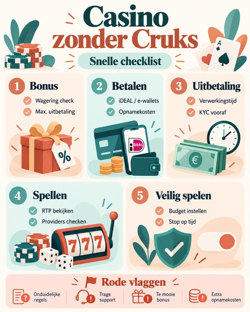 Casino zonder Cruks: snelle checklist voor bonus, betalen, uitbetaling, spellen en veilig spelen
